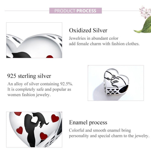 Love Cats Heart Enamel Sterling Silver Bead Charm Pendant Bracelet Necklace