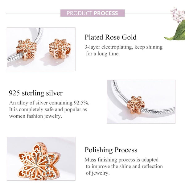 Snowflake Flower Rose Gold Plated Sterling Silver Bead Charm Bracelet Necklace