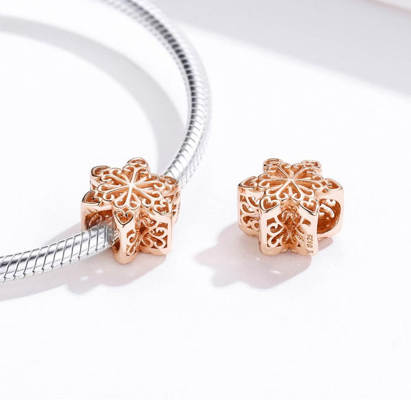 Snowflake Flower Rose Gold Plated Sterling Silver Bead Charm Bracelet Necklace