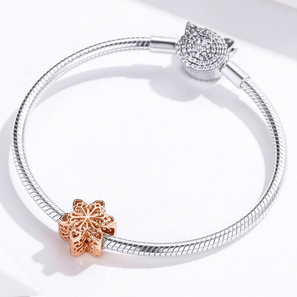 Snowflake Flower Rose Gold Plated Sterling Silver Bead Charm Bracelet Necklace