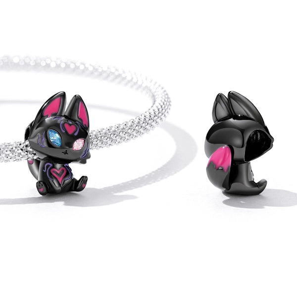 Black Fox Enamel Sterling Silver Zircon CZ Bead Charm Bracelet Necklace