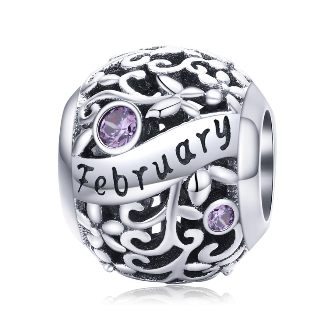 Amethyst February Birthstone Sterling Silver Zircon CZ Bead Charm Bracelet Necklace