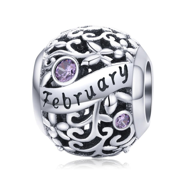 Amethyst February Birthstone Sterling Silver Zircon CZ Bead Charm Bracelet Necklace