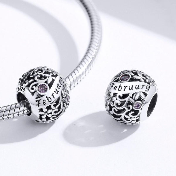 Amethyst February Birthstone Sterling Silver Zircon CZ Bead Charm Bracelet Necklace
