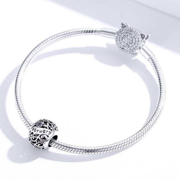 Amethyst February Birthstone Sterling Silver Zircon CZ Bead Charm Bracelet Necklace