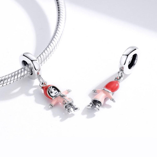 Hugging Girl Enamel Sterling Silver Bead Charm Bracelet Necklace