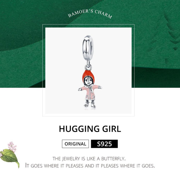 Hugging Girl Enamel Sterling Silver Bead Charm Bracelet Necklace