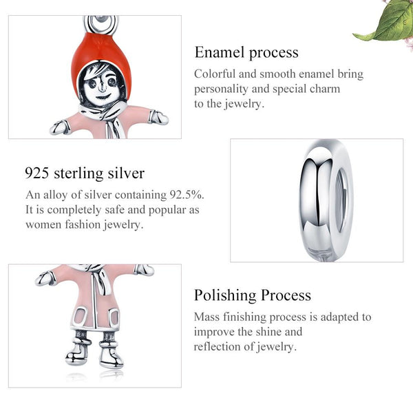 Hugging Girl Enamel Sterling Silver Bead Charm Bracelet Necklace