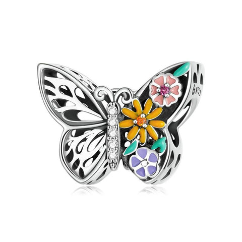 Floral BUterfly Enamel Sterling Silver CZ Bead Charm Pendant Bracelet Necklace