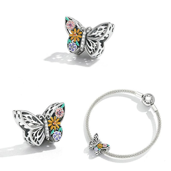 Floral BUterfly Enamel Sterling Silver CZ Bead Charm Pendant Bracelet Necklace