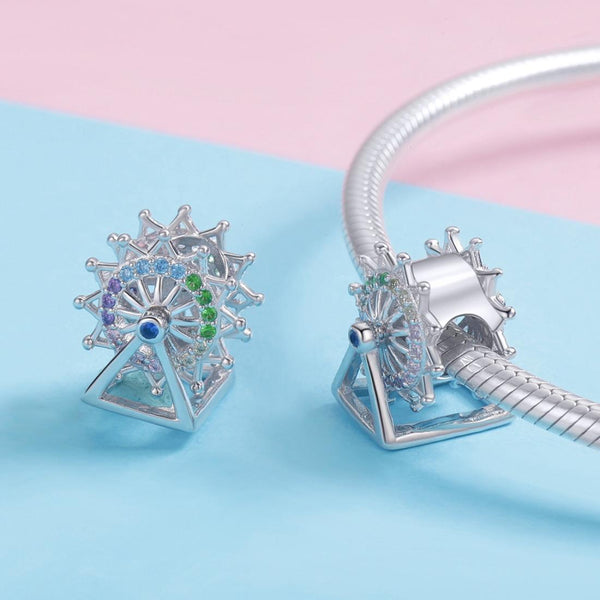 Fairground Ferris Wheel Sterling Silver Zircon CZ Bead Charm Bracelet Necklace