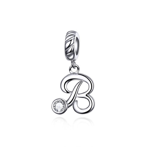 B Letter Initial Platinum Plated Sterling Silver Crystal Zircon Charm Bracelet Necklace