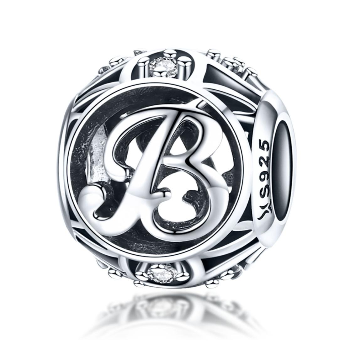 B Initial Letter Sterling Silver Zircon CZ Bead Charm Bracelet Necklace