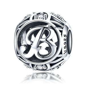 B Initial Letter Sterling Silver Zircon CZ Bead Charm Bracelet Necklace