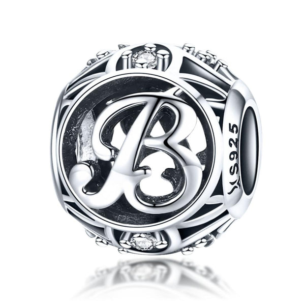 B Initial Letter Sterling Silver Zircon CZ Bead Charm Bracelet Necklace