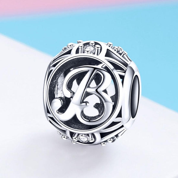 B Initial Letter Sterling Silver Zircon CZ Bead Charm Bracelet Necklace