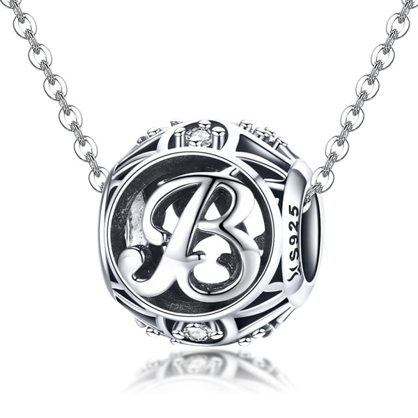 B Initial Letter Sterling Silver Zircon CZ Bead Charm Bracelet Necklace