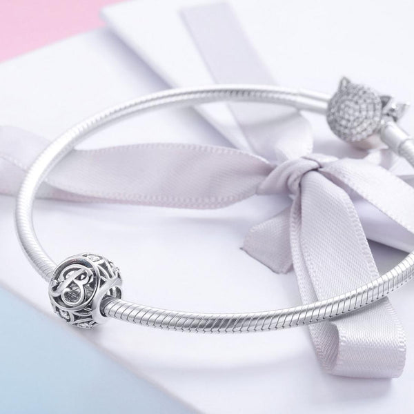 B Initial Letter Sterling Silver Zircon CZ Bead Charm Bracelet Necklace