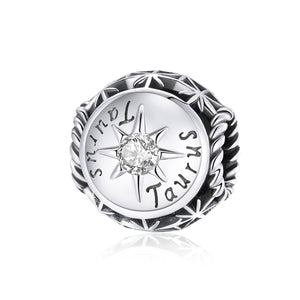 Taurus Zodiac Sterling Silver Zircon CZ Bead Charm Bracelet Necklace