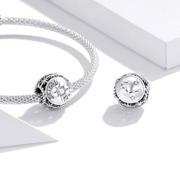 Taurus Zodiac Sterling Silver Zircon CZ Bead Charm Bracelet Necklace
