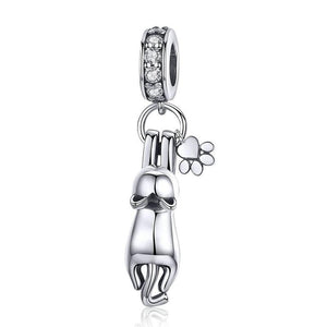 Climbing Cat Paw Print Sterling Silver Zircon CZ Bead Charm Bracelet Necklace