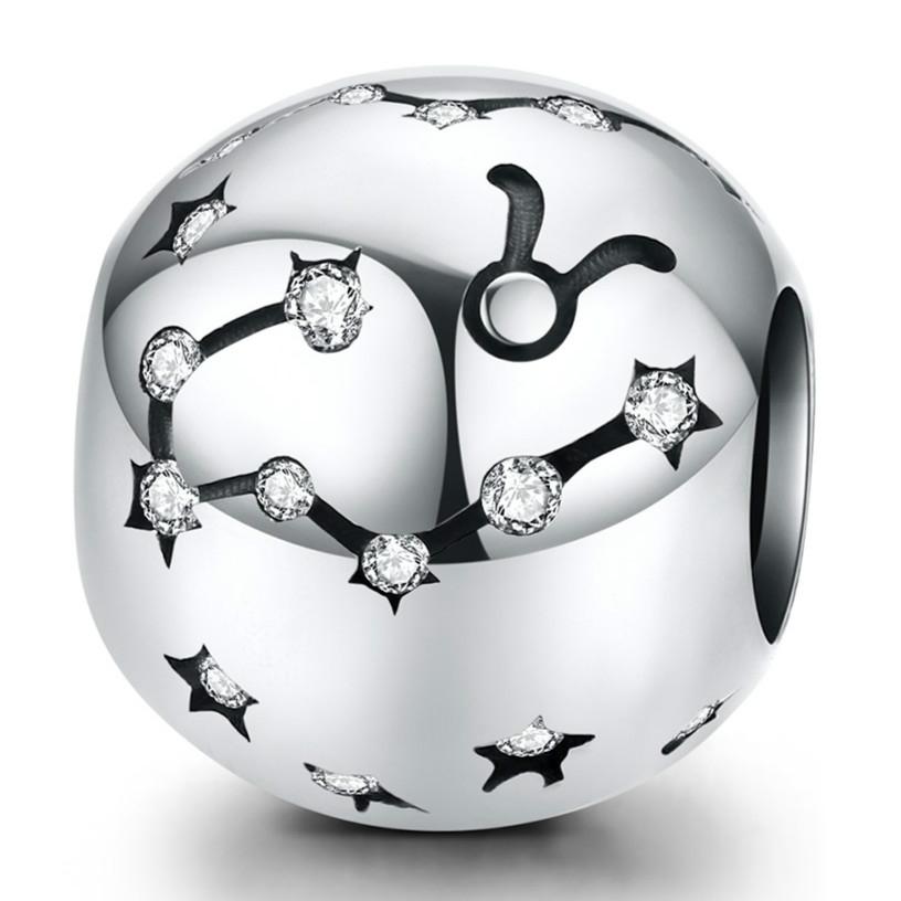 Taurus Zodiac Constellation Sterling Silver Zircon CZ Bead Charm Bracelet Necklace