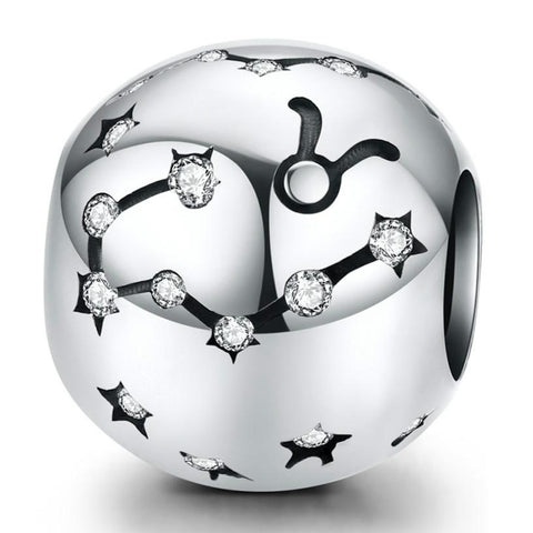 Taurus Zodiac Constellation Sterling Silver Zircon CZ Bead Charm Bracelet Necklace