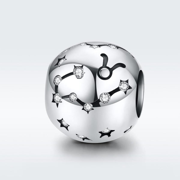 Taurus Zodiac Constellation Sterling Silver Zircon CZ Bead Charm Bracelet Necklace