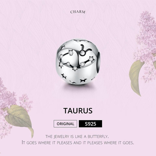 Taurus Zodiac Constellation Sterling Silver Zircon CZ Bead Charm Bracelet Necklace