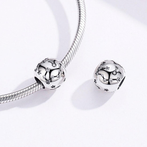 Taurus Zodiac Constellation Sterling Silver Zircon CZ Bead Charm Bracelet Necklace