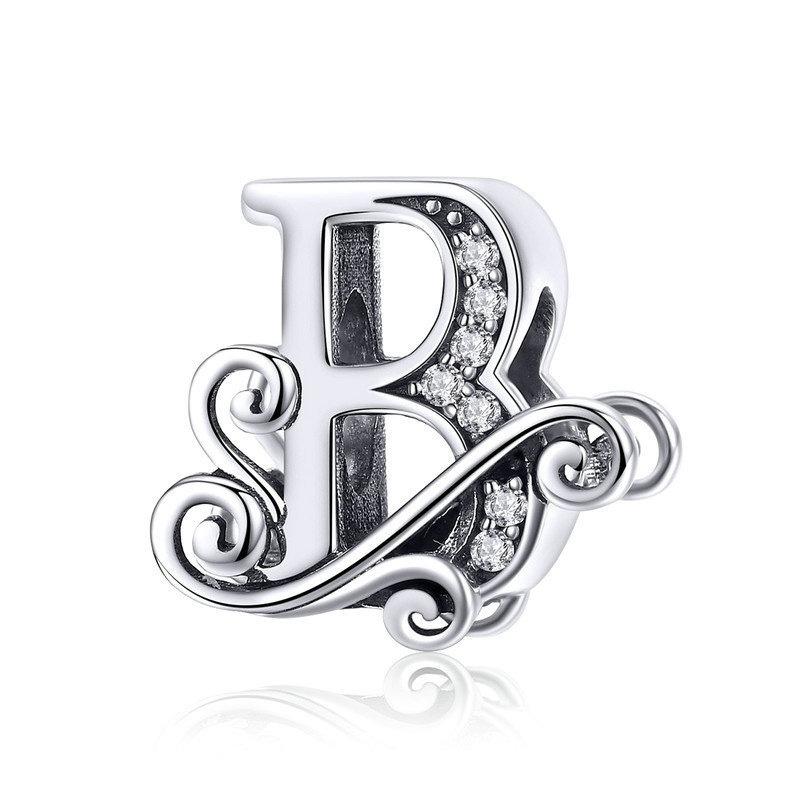 Initial Letter Gothic Victorian Sterling Silver Zircon CZ Bead Charm Bracelet B