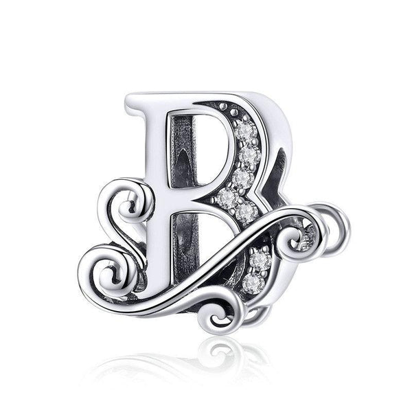 Initial Letter Gothic Victorian Sterling Silver Zircon CZ Bead Charm Bracelet B