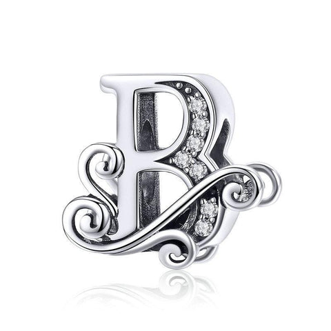 Initial Letter Gothic Victorian Sterling Silver Zircon CZ Bead Charm Bracelet B