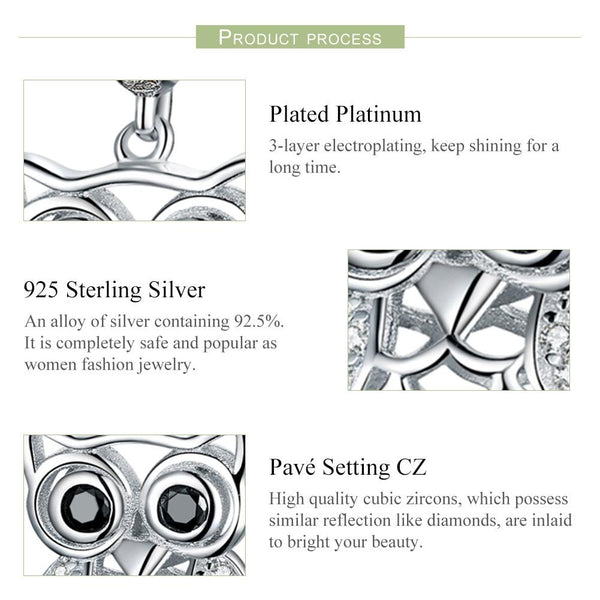 Owl Sterling Silver Zircon CZ Pendant With Chain Bead Charm Bracelet Necklace