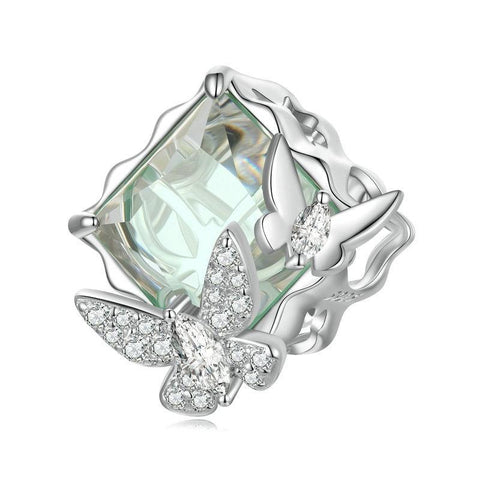 Pale Green BUtterfly Glass Sterling Silver Zircon CZ Bead Charm Bracelet Necklace