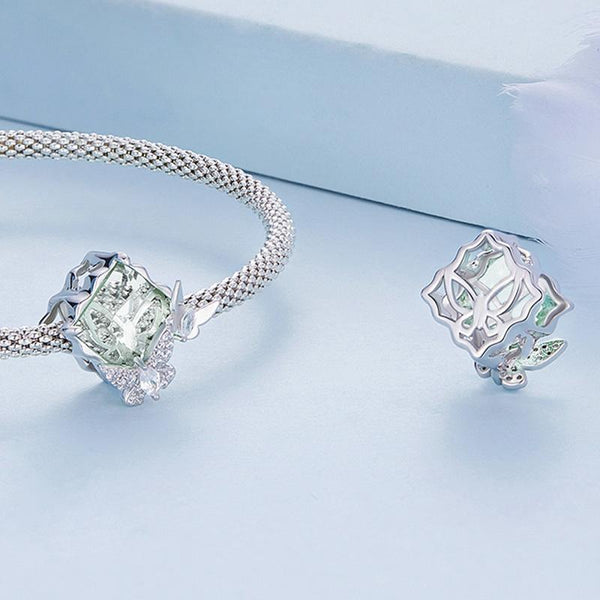 Pale Green BUtterfly Glass Sterling Silver Zircon CZ Bead Charm Bracelet Necklace