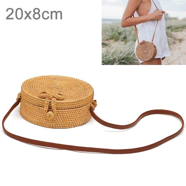 Handmade Round Rattan Crossbody Shoulder Bag Handbag Purse 20 x 20 x 8cm
