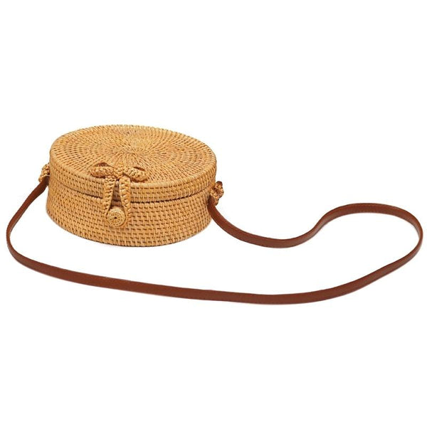 Handmade Round Rattan Crossbody Shoulder Bag Handbag Purse 20 x 20 x 8cm
