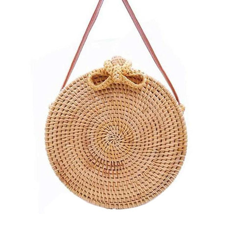 Handmade Round Rattan Crossbody Shoulder Bag Handbag Purse 20 x 20 x 8cm
