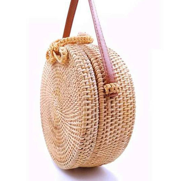 Handmade Round Rattan Crossbody Shoulder Bag Handbag Purse 20 x 20 x 8cm