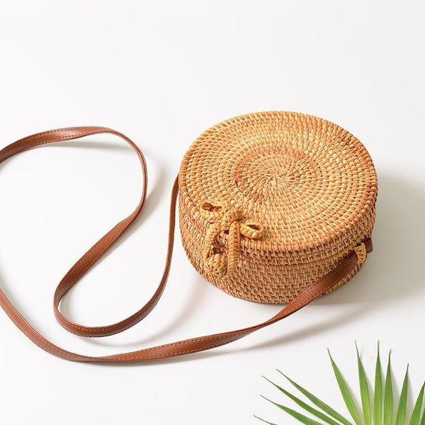 Handmade Round Rattan Crossbody Shoulder Bag Handbag Purse 20 x 20 x 8cm