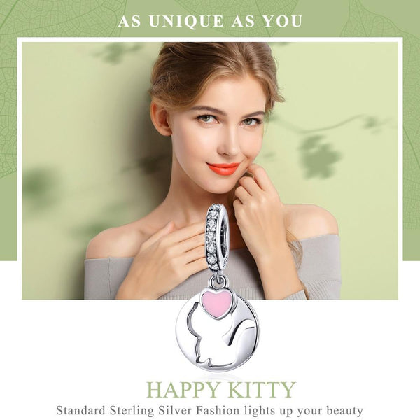 Love Heart Cats Enamel Sterling Silver Zircon CZ Pendant Chain Necklace