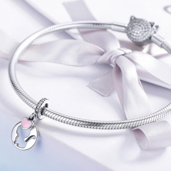 Love Heart Cats Enamel Sterling Silver Zircon CZ Pendant Chain Necklace