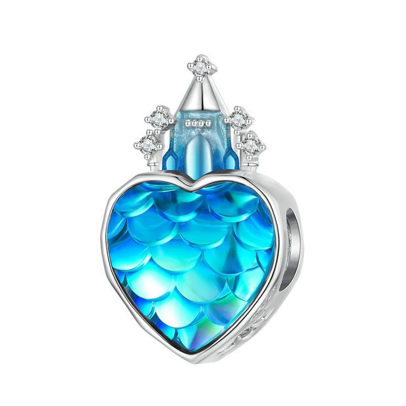 Iridescent Fish Scale Heart Castle Sterling Silver Bead Charm Bracelet Necklace
