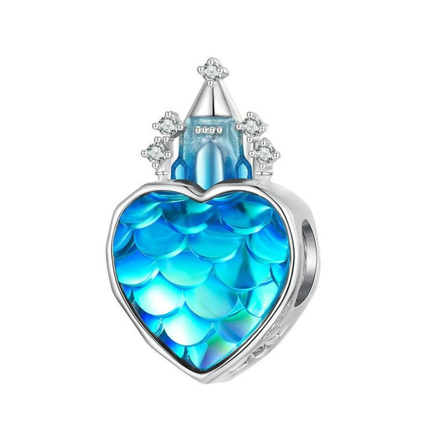 Iridescent Fish Scale Heart Castle Sterling Silver Bead Charm Bracelet Necklace