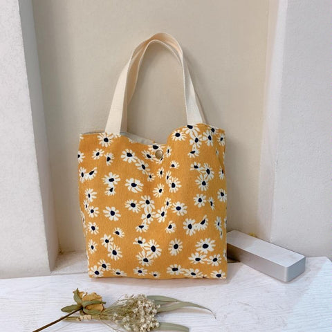 Large Capacity Corduroy Tote Shopper Bag Handbag Floral Design Yellow Daisy