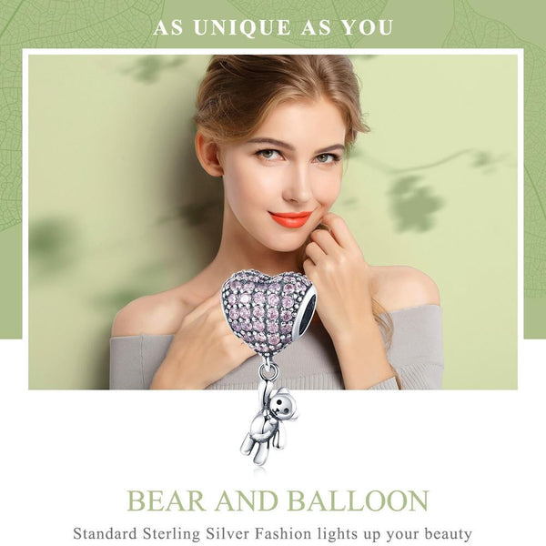 Bear Balloon Heart Sterling Silver Zircon CZ Pendant Chain Bead Charm Bracelet Necklace
