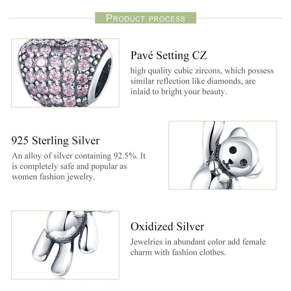 Bear Balloon Heart Sterling Silver Zircon CZ Pendant Chain Bead Charm Bracelet Necklace
