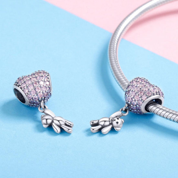 Bear Balloon Heart Sterling Silver Zircon CZ Pendant Chain Bead Charm Bracelet Necklace