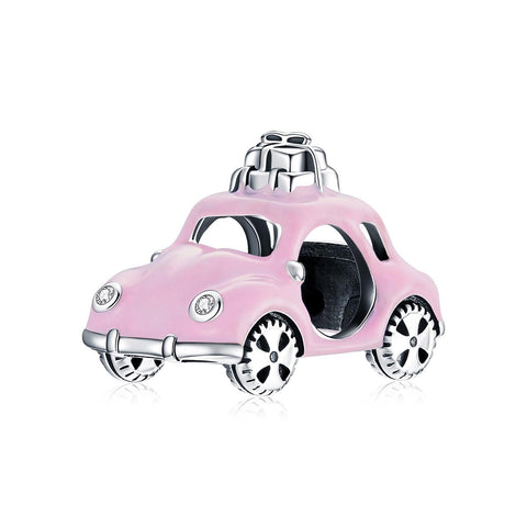 Pink Car Enamel Sterling Silver Zircon CZ Bead Charm Bracelet Necklace